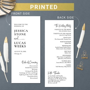 May include: A wedding program with a black and white design. The front side features the names Jessica Stone and Lucas Weeks, the wedding date, and the city. The back side includes the wedding party, officiant, maid of honor, bridesmaids, groomsmen, best man, flower girls, ushers, and a thank you message.