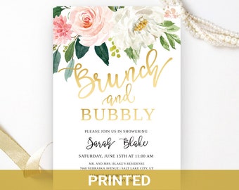 Brunch and Bubbly bridal shower invitation   Blush pink floral Bridal Shower Invitations printed