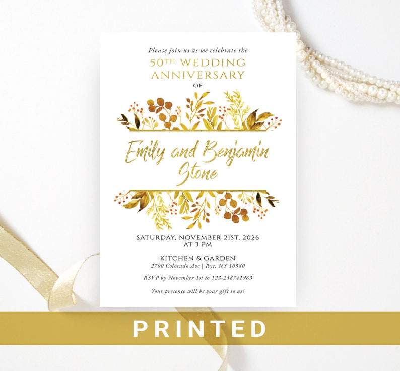 Golden wedding anniversary invitations printed Geometric gold, white, green floral frame 50th wedding, birthday anniversary Any year 4