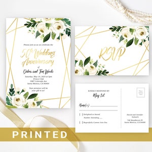 May include: A white and gold geometric design wedding anniversary invitation with white flowers and greenery. The invitation reads "Please join us as we celebrate the 50th Wedding Anniversary of Debra and Tom Woods". The RSVP card has a gold geometric design with white flowers and greenery. The RSVP card reads "RSVP" in gold lettering. The back of the RSVP card has a place to fill in the name, whether the guest will be attending, and the number of guests attending. The RSVP card also includes the address of the sender.
