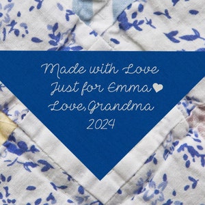 Custom Embroidered Quilt Label, Personalized Quilt Label On Fabric, Triangular Shaped Quilt Label to Personalize Your Quilt, A Quilt Tag