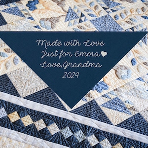 Custom Embroidered Quilt Label, Personalized Quilt Label On Fabric, Triangular Shaped Quilt Label to Personalize Your Quilt, A Quilt Tag