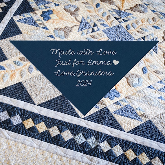 Custom Embroidered Quilt Label, Personalized Quilt Label On Fabric, Triangular Shaped Quilt Label to Personalize Your Quilt, A Quilt Tag