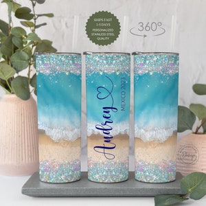 Beach Vacation Tumbler Personalized, Custom Girls Trip Cup with Name, Travel Mug For Vacation, Girls Glitter 20 oz tumbler, Gift For Her
