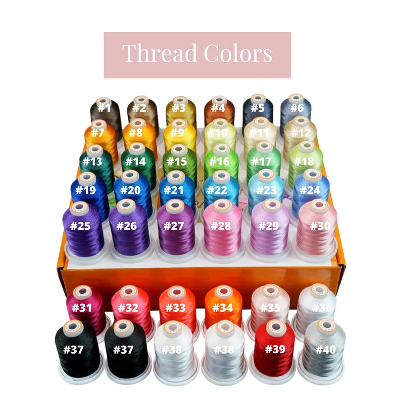 May include: A collection of 40 spools of embroidery thread in various colors, arranged in a box. The spools are labeled with numbers from 1 to 40.