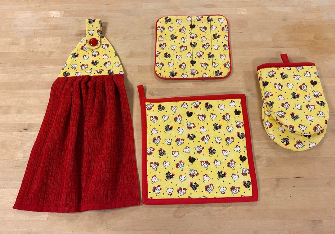 Bright Yellow W/ Red Accents Rooster Kitchen Linen Set Etsy
