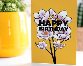 Carte de joyeux anniversaire magnolia : voeux floraux colorés