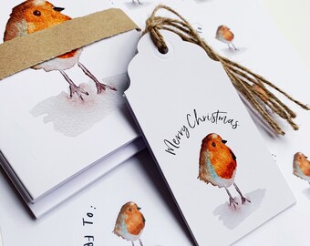 Ensemble de papeterie de Noël aquarelle Robin : cartes, étiquettes, autocollants