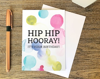 Happy Birthday Card | Hip Hip Hooray Card | Birthday card | watercolour | greetings card | Colourful birthday card