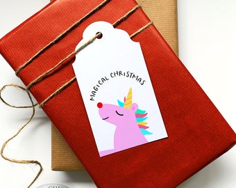 Étiquettes-cadeau de Noël Rudolph licorne | Étiquettes cadeaux magiques (lot de 5)