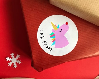 Unicorn Rudolph gift labels | Present stickers | Gift stickers | Xmas stickers | Christmas stationery | To From Stickers