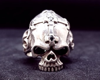 Anillo de motociclista con cruz y calavera para hombre / Plata de ley 925 con ónix / Estilo gótico rockero