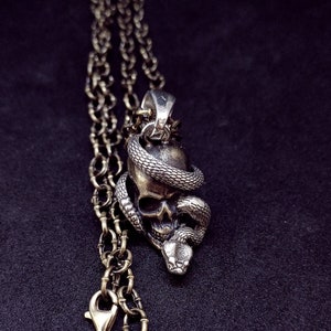 Sterling Silver Snake & Brass Skull Necklace: Handcrafted Biker Jewelry