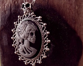 Cameo Sugar Skull Lady Victorian Necklace Sterling Silver 925