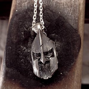 Sterling Silver Spartan Helmet Necklace: Movable Face Pendant