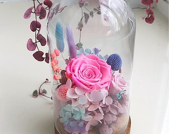 Forever roses in glass cloche /Valentine’s gift/preserved live plant/Flower arrangement/cactus planter/wedding succulent/planter