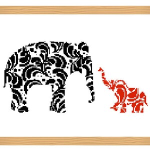 Olifant kruissteekpatroon Silhouet kruissteek sierolifantpatroon Abstract romantisch patroon Babyolifant zwart en rood