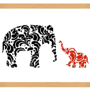 Elephant Cross Stitch Pattern Silhouette Cross Stitch Ornamental Elephant Pattern Abstract Romantic Pattern Baby Elephant Black And Red image 1