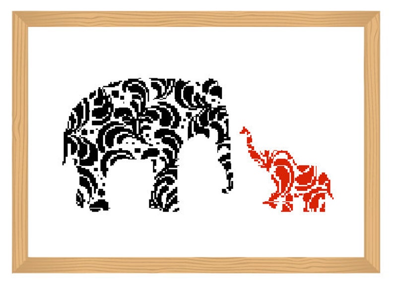 Elephant Cross Stitch Pattern Silhouette Cross Stitch Ornamental Elephant Pattern Abstract Romantic Pattern Baby Elephant Black And Red image 1
