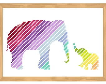 elephant cross stitch pattern, silhouette cross stitch, elephant pattern, abstract, rainbow, india, baby, africa, safari