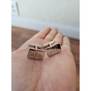 Vintage Silver-Toned Rectangular J.C.U. Engraved Cufflinks