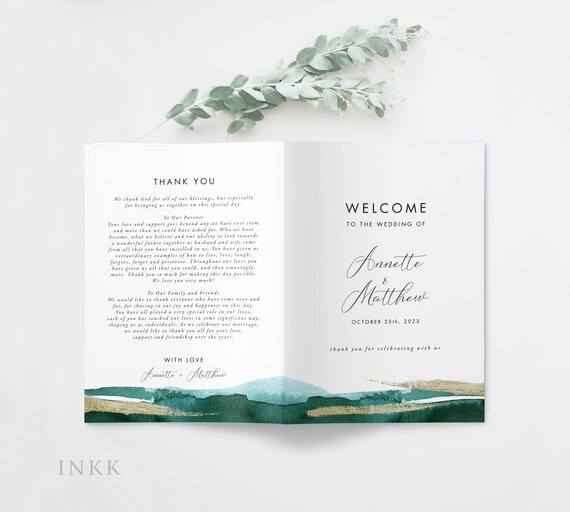 Modern Gold Dust Emerald Green Folded Wedding Program Wedding Etsy