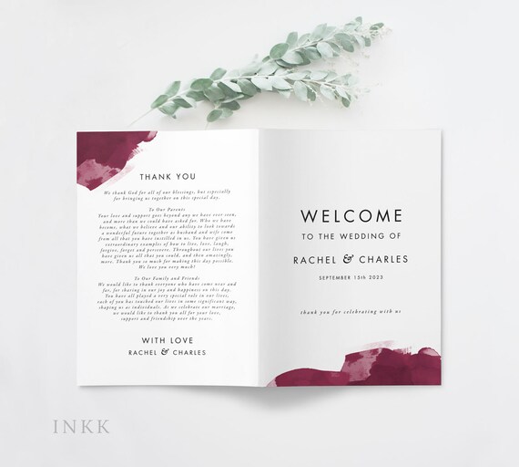 Modern Burgundy Folded Wedding Program Wedding Reception Etsy