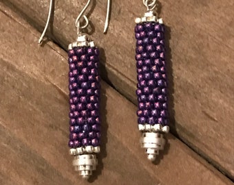 Purple and silver dangle earrings