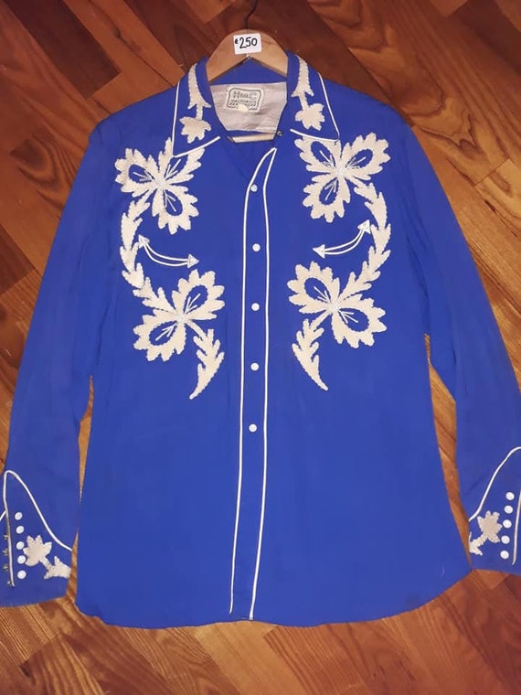 Vintage 1950s HbarC gabardine western shirt BLUE w