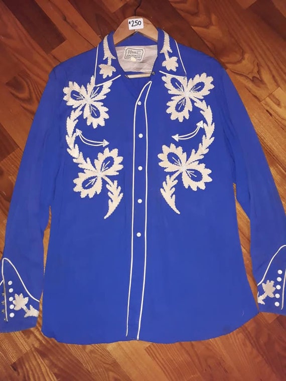 Vintage 1950s HbarC gabardine western shirt BLUE with… - Gem