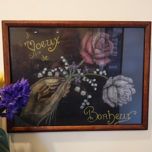 Vintage Original Chalk Drawing - Roses - Voeux de Bonheur - Framed Behind Glass