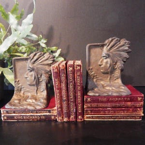 Antique Bookends - Indigenous Warrior - Art Deco - Cast Metal - Bronze Patina - 1920s
