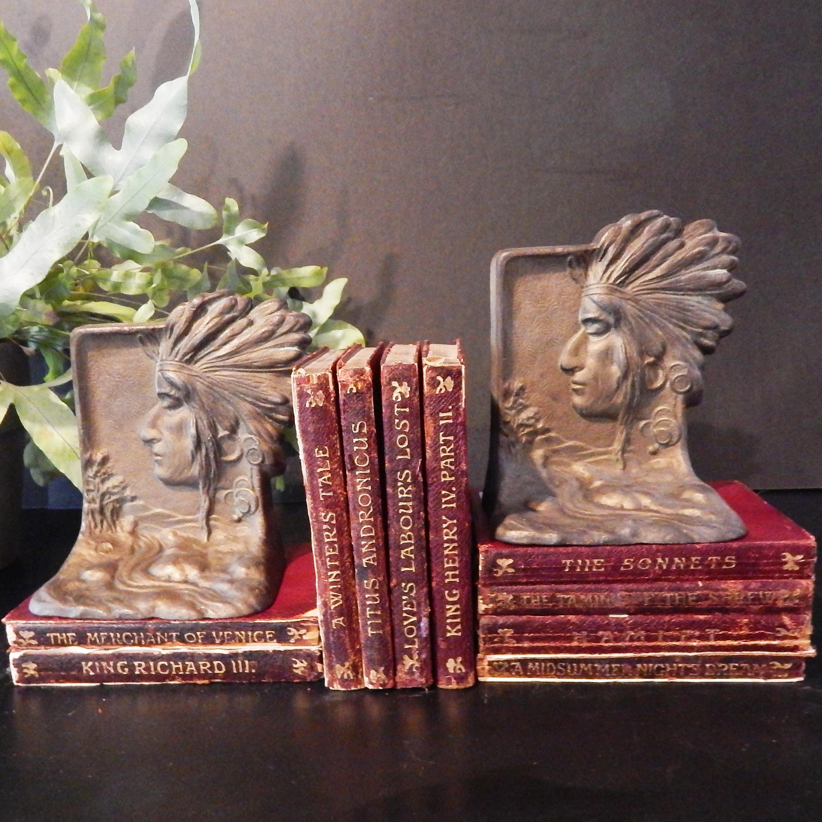 Antique Bookends - Indigenous Warrior - Art Deco - Cast Metal - Bronze Patina - 1920s