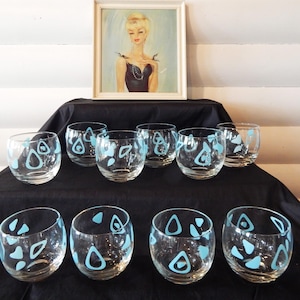 MCM Atomic Amoeba Roly Poly Bar Glasses - Mid-Century Boomerang Stemless Wine Glasses - Turquoise