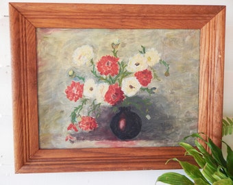 Vintage Original Oil Painting - Floral Painting - Red and White Flowers - Framed Painting