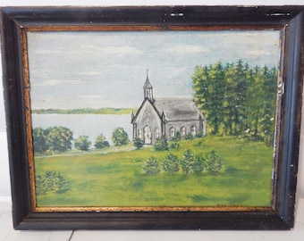 Vintage Oil Painting - Original - Signed - Church Painting - Manatoulin Island - 1941