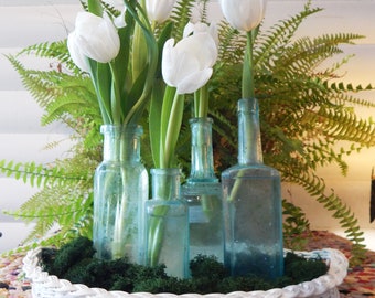 Antique Bottles - Medicine Bottles - Turquoise Bottles - Iridescent - Small Bottles - Decorative Bottles