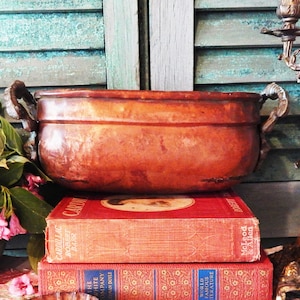 Antique Copper Bowl - Handcrafted Copper Vessel - Copper Pot - Copper Planter - Brass Lion Handles