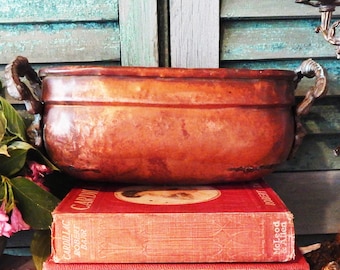 Antique Copper Bowl - Handcrafted Copper Vessel - Copper Pot - Copper Planter - Brass Lion Handles