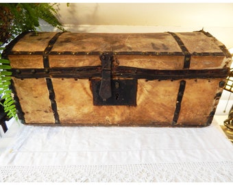 Antique Small Hide-Covered Wood Trunk - Early 1800s - Wagon Trunk