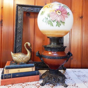 Bradley & Hubbard 1880s Electrified Oil Lamp with Hand-Painted Fostoria Milk Glass Shade