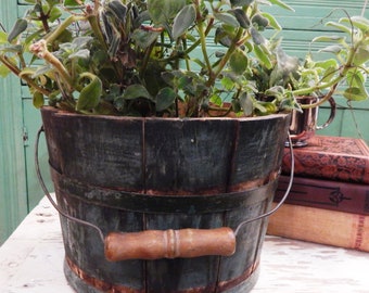 Antique Bucket - Vintage Pail - Wood Stave Bucket - Original Paint - Dark Green - Small