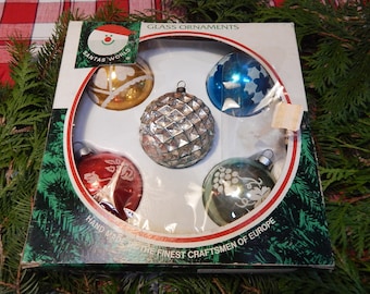 Vintage Glass Christmas Ornaments in Box - Boxed Set of 5 Glass Ornaments - Stenciled Vintage Ornaments