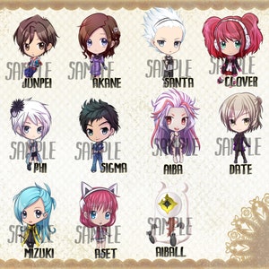 May include: A set of 12 colorful anime character illustrations, each with a unique design and name. The characters are drawn in a chibi style, with large heads and small bodies. The illustrations are perfect for fans of anime and manga.