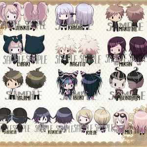 May include: A set of 16 colorful chibi character illustrations featuring various hairstyles and outfits. The characters are all smiling and have large eyes. The illustrations are arranged in a grid pattern.