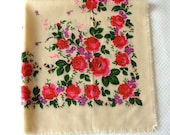 Vintage Ukrainian shawl, Russian shawl, Wool floral scarf, made in USSR, ivory shawl with red and purple flowers