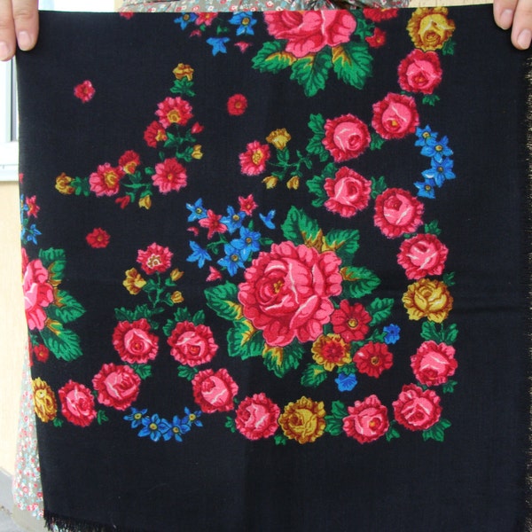 Beautiful black shawl Wool black scarf Ukrainian shawl Scarf with flowers Vintage scarf Wool shawl Floral scarf Soviet scarf Shawls USSR