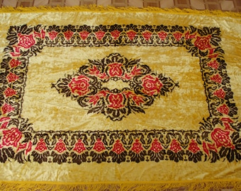 Vintage Yellow Velvet Tablecloth, Plush Bedspread with Fringe, Made in USSR