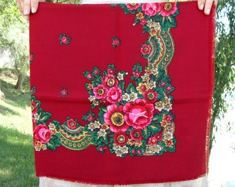 Bufanda de lana, chal de lana, bufanda ucraniana, bufanda para la cabeza, bufanda para el cabello, bufanda cuadrada, regalo para ella, bufanda para mujer, bufandas rojas, bufanda vintage de la URSS, bufanda para el cuello