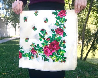 Vintage Floral Blend Wool Scarf - USSR Style Headscarf, Summer Shawl